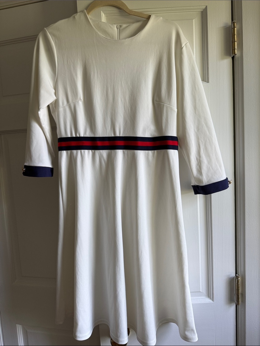 White Long-Sleeve Dress with Navy & Red Waistband